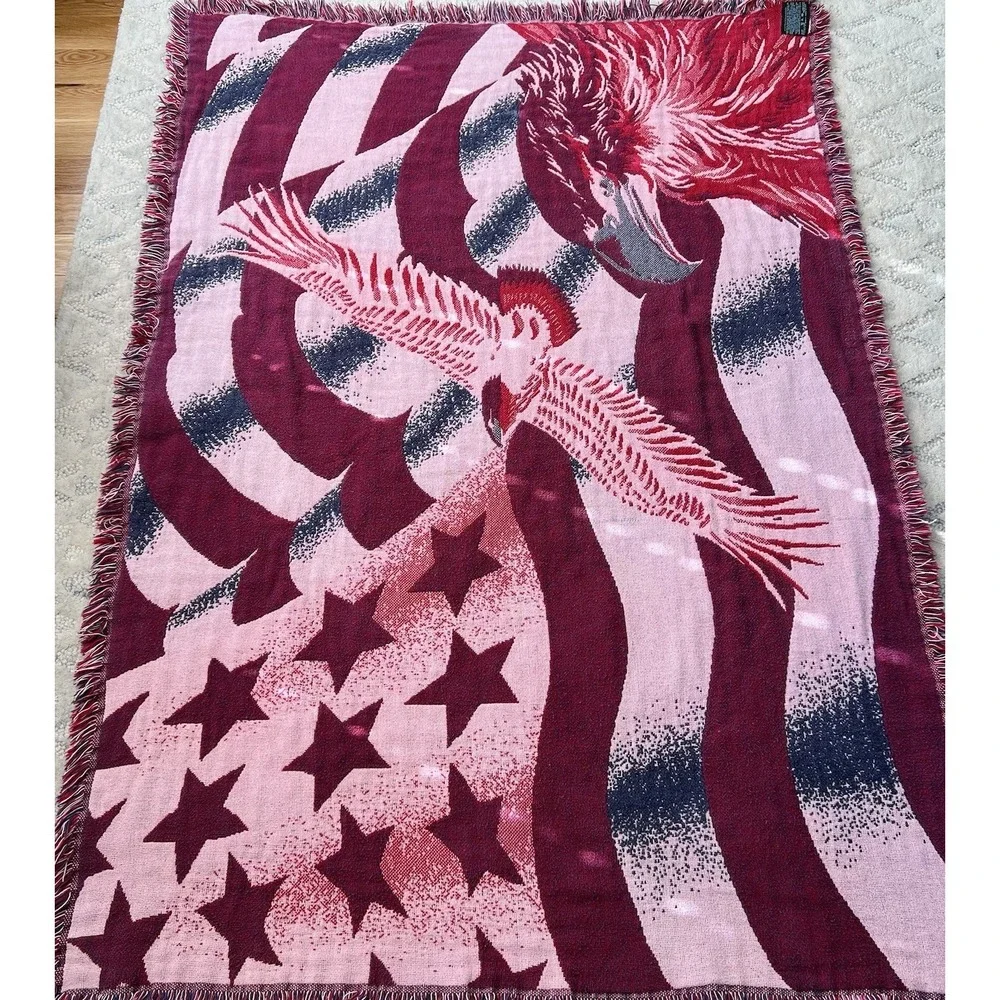 Vintage Tapestry Throw Blanket Goodwin Weavers USA Patriotic Eagle American Flag